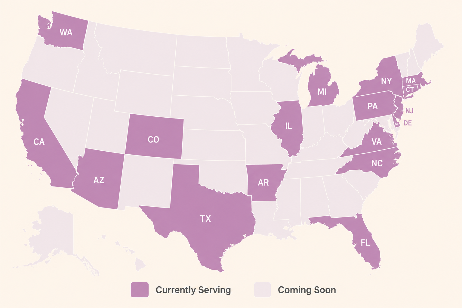 Map of the 17 states where Your Latina Nutritionist serves patients