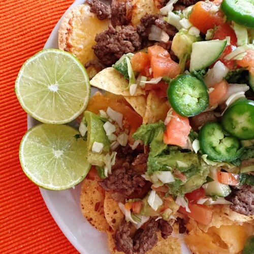 Photograph of completed beef nachos with pico de gallo recipe